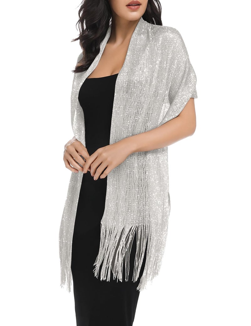 BANETTETA Silver Shawls and Wraps for Evening Dresses Shall for Women Dressy Shawls for Evening Wear Transparent Scarf for Dresses (Silver) - Image 4